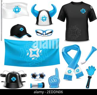 Sport Club Team Anhänger Identität Accessoires realistische Bilder Sammlung mit Flagge Kappe Gläser winken Hand Vektor Illustration Stock Vektor