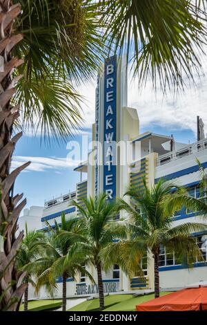 Das Breakwater, ein Art déco-Hotel, liegt am Ocean Drive entlang von South Beach in Miami Beach. Stockfoto