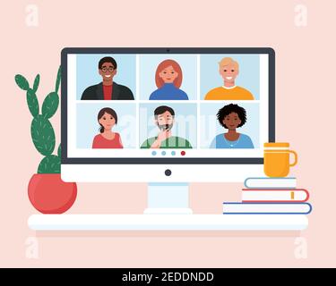 Videokonferenz mit Personengruppe, Freunde treffen. Computerbildschirm. Vektorgrafik im flachen Stil Stock Vektor