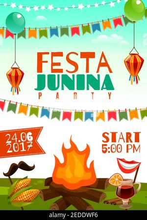 Festa Junina Poster mit Feiertagsdekorationen Mais auf Cobs Glas Von Rotwein und Feuer auf Wiese flache Vektorgrafik Stock Vektor