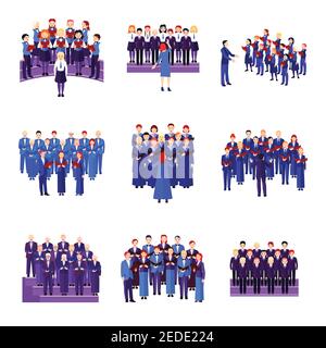 Chor flache Ikonen Sammlung von 9 musikalischen Ensembles von Sängern Gekleidet in blau marineblau schwarz isoliert Vektor-Illustration Stock Vektor