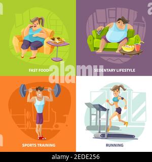 Adipositas und Gesundheit Konzept Symbole mit sitzenden Lebensstil und eingestellt Sport Training Symbole Cartoon isolierte Vektor-Illustration Stock Vektor