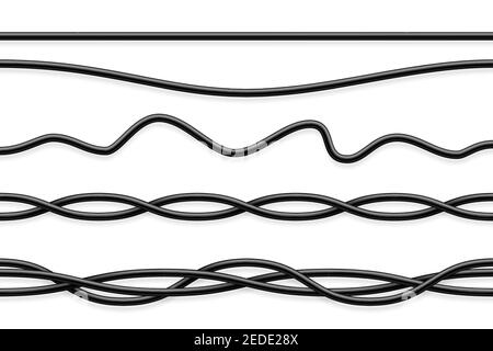 Flexible Kabelsammlung. Schwarzes Elektrokabel. Realistisches Netz- oder Netzwerkkabel. Vektorgrafik. Stock Vektor