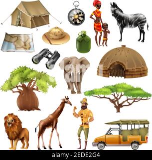 Farbige und isolierte Safari Set Icon Set mit Elementen und Attribute auf Thema Vektordarstellung Stock Vektor
