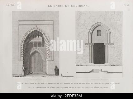 Le Kaire (Kairo) und Umgebung. 1. Plan et élévation d'une porte intérieure du palais de Negm ed-DIN dans la cour du Meqyas de Roudah (el-Rôda); 2,3. Vue Perspective et détail d'une porte de Stockfoto