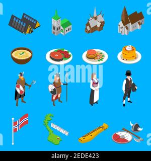 Norwegen Touristen Attraktionen mit nationalen Flagge kulturelle Symbole und Essen Isometrische Symbole setzen abstrakte Vektor isolierte Illustration Stock Vektor