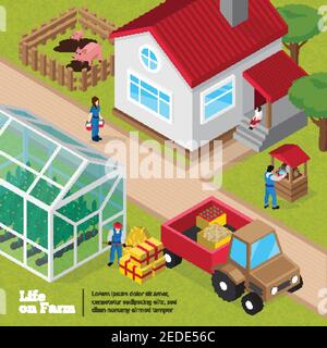 Farmleben tägliche Aktivitäten isometrische Poster mit Hof Einrichtungen Gewächshaus Pflanzen und Entladen Traktor Arbeiter Vektor-Illustration Stock Vektor