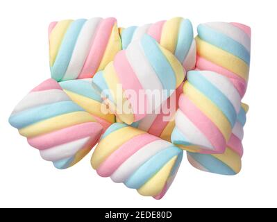 Bunte Marshmallows Süßigkeiten isoliert auf weißem Hintergrund. Heap von Marshmallows Makro-Ansicht von oben Stockfoto