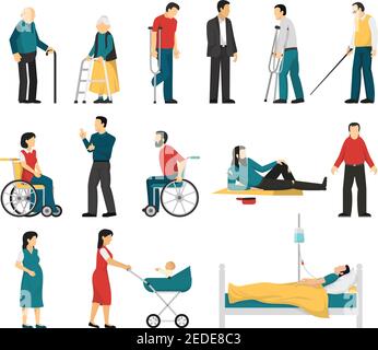 Gruppe von behinderten Menschen, einschließlich blinder gehörlos verletzten und älteren Menschen Personen Schwangere Frau Säugling isoliert Vektor-Illustration Stock Vektor