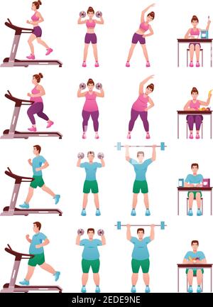 Isolierte Fat Slim Fitness Menschen Icon Set mit Frauen und Männer im Fitnessstudio auf Laufband und mit Schalen Vektor-Illustration Stock Vektor