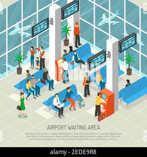 Wartebereich am Flughafen mit Reisenden und Gepäckinformationsbrettern Flugzeuge Hinter Fenstern Innenelemente isometrische Vektor-Illustration Stock Vektor