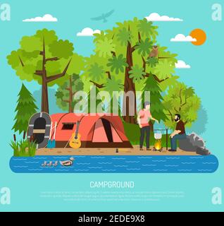 Sommer Familie Schlauchzelt im Campingplatz Erholungsgebiet mit Paar Kochen am Lagerfeuer durch den Fluss Vektor-Illustration Stock Vektor