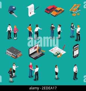 Satz von isometrischen Symbolen mit Kunden und Verkäufern des Autohauses Computer suchen und kaufen isolierte Vektor-Illustration Stock Vektor