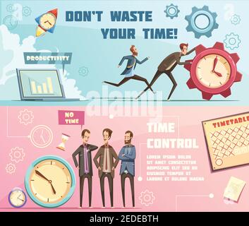Horizontale Banner im Retro-Cartoon-Stil mit Zeitmanagement inklusive Effektive Planung und Produktivität isolierte Vektordarstellung Stock Vektor