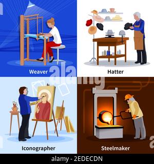 Zeitgenössische Handwerker bei der Arbeit 4 flache Ikonen quadratische Komposition mit weaver Hatter und Stahlhersteller isoliert Vektor-Illustration Stock Vektor