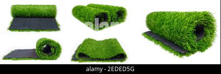 Collage von Rollen aus Kunstrasen für Sportplätze Panorama Stockfoto