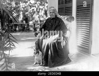 Königin Liliuokalani, Ganzkörperportrait, sitzend, im Freien, mit Hund (ihr Hund Poni), leicht nach links zeigend, um 1917 Stockfoto