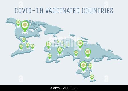 Covid-19 geimpfte Länder Vektor-flache Abbildung. Globale Pandemie des Coronavirus-Ausbruchs auf der Erde geht nach unten Konzept. Covid-19-Impfstoff in allen Ländern der Welt. Stock Vektor