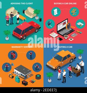 Autohaus isometrisches Konzept mit Beratung des Kunden und Online-Kauf Garantie Service Kauf Fahrzeug isoliert Vektor-Illustration Stock Vektor