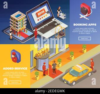 Hotelbuchungsanwendungen mit zusätzlichen Service isometrische Infografik bunt horizontal Banner setzen isolierte Vektorgrafik Stock Vektor