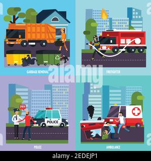 Vier quadratische Rettungsdienste Symbol mit Müllbeseitigung Feuerwehrmann gesetzt Polizei Krankenwagen Beschreibungen Vektor-Illustration Stock Vektor