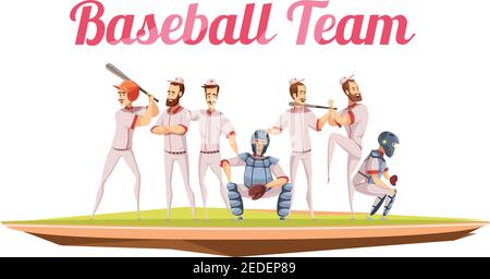 Baseball Team Retro Komposition mit Athleten in Uniform und Helmen Halten Baseball Fledermäuse flach Cartoon Vektor Illustration Stock Vektor