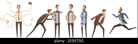 Cartoon-Zeichen dekorative Symbole Satz von männlichen Gruppe kommunizieren und Ausdruck verschiedener Emotionen flach isoliert Vektor-Illustration Stock Vektor