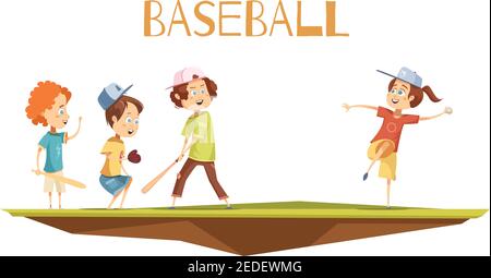 Kinder spielen Baseball flache Vektor-Illustration im Cartoon-Stil mit Nette Charaktere im Spiel engagiert Stock Vektor