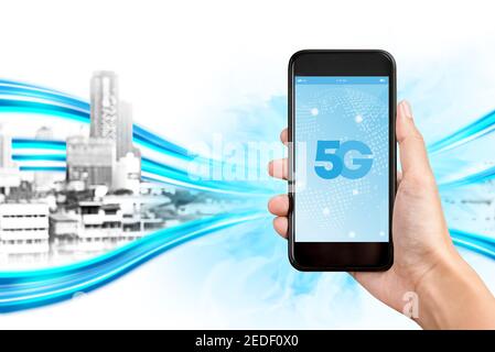 5G High-Speed mobile Verbindung Technologie Signal-Symbol auf Smart Telefonbildschirm Stockfoto