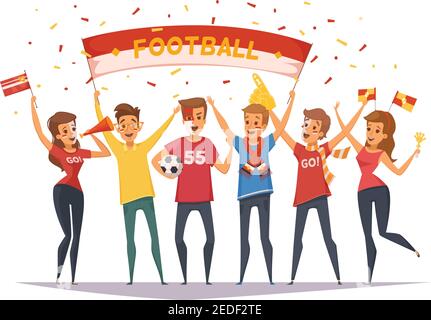 Farbige Fan-Rooter-Buff-Gruppe Komposition mit Fahnen und Bannern Mädchen und Jungen Vektor Illustration Stock Vektor