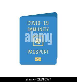 Blue Covid-19 Immunität Pass Abdeckung Vektor flache Vorlage mit Zeichen der Coronavirus-Zelle. Reisepass mit Immunitätszeichen und Impfung für sichere Reise nach einer Coronavirus-Pandemie. Stock Vektor