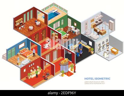 Isometrische Zusammensetzung der Hotelzimmer Design-Interieur mit Personal und Gäste auf weißem Hintergrund Vektorgrafik Stock Vektor