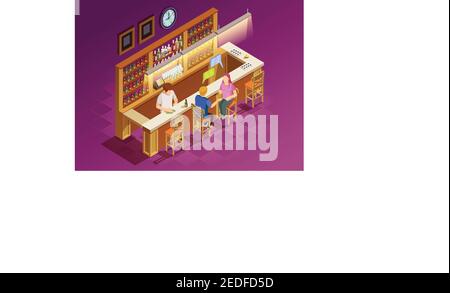 Junge Mann und Frau Freunde sitzen an der Bar plaudern trinken Bier serviert von Barkeeper isometrische Poster Vektor-Illustration Stock Vektor