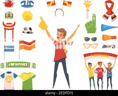 Farbige und isolierte Fan Rooter Buff männlichen Charakter Zubehör mit Tools, um Ihre Lieblings-Team-Vektor-Illustration anzufeuern Stock Vektor