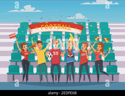 Farbige Fan-Rooter-Buff-Komposition mit Menschen, die im Stehen Vorderseite des Fußballfeldes Tribüne Vektor-Illustration Stock Vektor