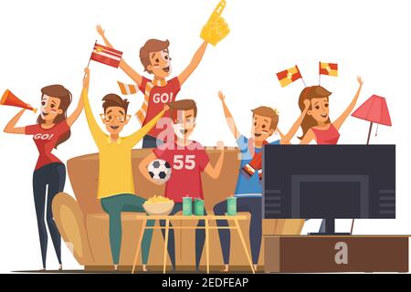 Farbige Sport-Fans Fernsehen auf Couch Zusammensetzung Menschen mit Markierungen bilden Vektordarstellung Stock Vektor