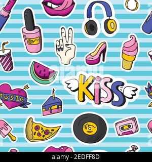 Farbige Mode Patch Abzeichen Nahtloses Muster im Pin up Stil Mit verschiedenen Formen und Werkzeugen Vektordarstellung Stock Vektor
