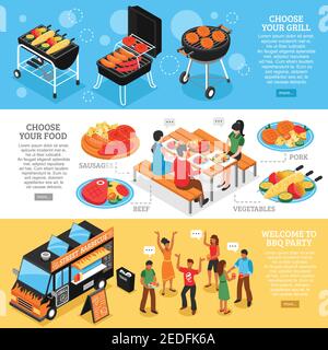 Set von 3D isometrische Banner mit Grillzubehör gegrilltes Fleisch Und Gemüse bbq Party isoliert Vektor-Illustration Stock Vektor