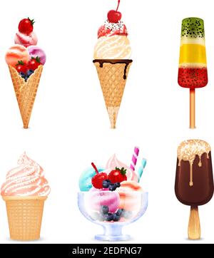 Leckeres Eis verschiedener Art mit Beeren und Schokolade Realistische Einstellung isoliert auf weißem Hintergrund Vektordarstellung Stock Vektor