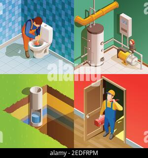 Klempner Fixierung Problem Konzept 4 bunte isometrische Symbole Quadrat mit Entverstopfende Toilette mit isoliertem Stößel Vektorgrafik Stock Vektor