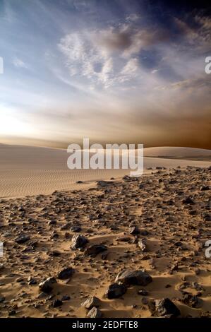 Ein Sandsturm nähert sich am Horizont des Gilf Kebir-Plateaus in der westlichen Wüstenregion der Sahara-Wüste im Südwesten Ägyptens. Stockfoto