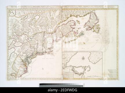 Nova tabula geographica complectens borealiorem Americae partem - in qua exacte delineatae sunt Canada sive Nova Francia, Nova Scotia, Nova Anglia, Novum Belgium, Pensylvania, Virginia, Stockfoto