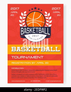Basketball Turnier Poster mit Emblem und Informationen über Wettbewerb Design Elemente auf strukturierter Vektorgrafik mit rotem Hintergrund Stock Vektor