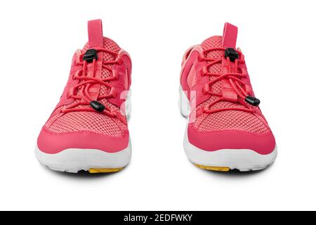 Rote Sneakers weißer Hintergrund isoliert Nahaufnahme Vorderansicht, rosa Sport Sneaker Schuhe, Paar Laufgummis, zwei Stoff und Leder Fitness-Stiefel Stockfoto