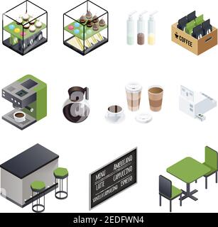 Kaffeehaus isometrische Elemente Set mit Tassen schwarzen Bord Sitze Kaffeemaschine und süße Donuts Kuchen Vektor-Illustration Stock Vektor