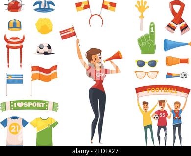 Farbige und isolierte Fan Rooter Buff Icon Set weiblichen Charakter Vektor-Illustration für Zubehör und Ausrüstung Stock Vektor