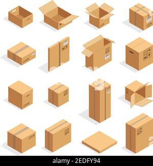 Isometrische Karton verpackung Bilder Einstellen unterschiedlicher Größe mit postalischen Zeichen diese Seite oben fragile Vector Illustration Stock Vektor