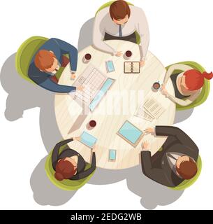 Business Meeting Cartoon Draufsicht Konzept mit Tisch und Menschen vektorgrafik Stock Vektor