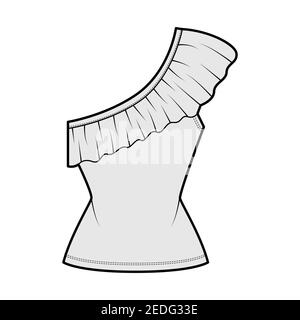 Top One-Shoulder technische Mode-Illustration mit Rüschen, taillierter Body, Stretch-Baumwolle. Flatwear Hemdschablone vorne, grau. Frauen, Männer Unisex CAD mockup Stock Vektor