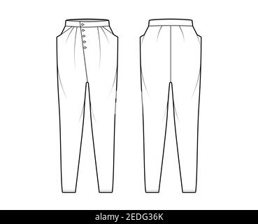 Tapered Baggy Pants technische Mode Illustration mit niedriger Taille, Bund, Eingrifftaschen, drapiert vorne, volle Längen. Flach unten Bekleidungsvorlage zurück, weiß Farbe Stil. Frauen, Männer, Unisex CAD Mockup Stock Vektor